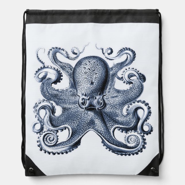 Navy Blue Octopus illustration by Ernst Haeckel Drawstring Bag (Front)