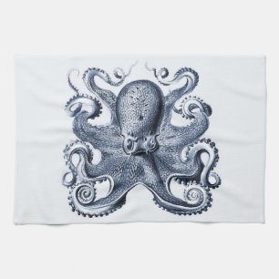 Navy Blue Octopus illustration by Ernst Haeckel Kitchen Towel