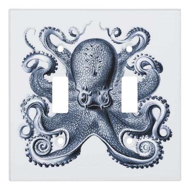 Navy Blue Octopus illustration by Ernst Haeckel Light Switch Cover (Front)