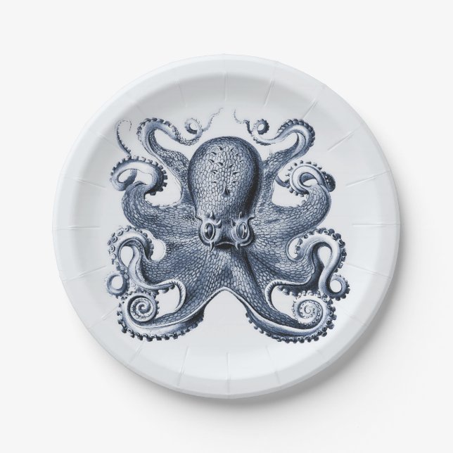 Navy Blue Octopus illustration by Ernst Haeckel Paper Plates (Front)