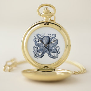 Navy Blue Octopus illustration by Ernst Haeckel Pocket Watch