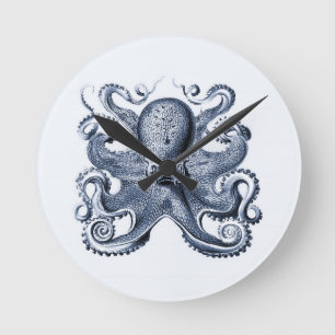 Navy Blue Octopus illustration by Ernst Haeckel Round Clock