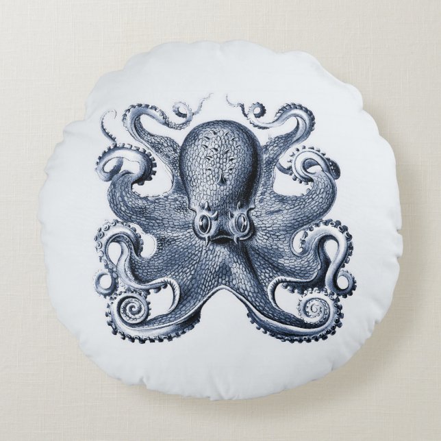 Navy Blue Octopus illustration by Ernst Haeckel Round Pillow (Front)