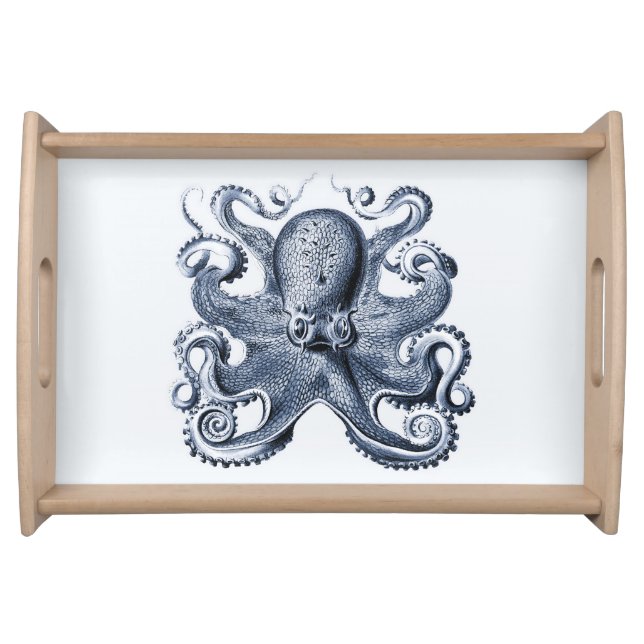 Navy Blue Octopus illustration by Ernst Haeckel Serving Tray (Front)