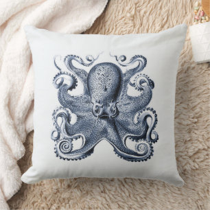 Navy Blue Octopus illustration by Ernst Haeckel Throw Pillow