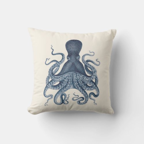 Navy Blue Octopus Illustration on Cream Outdoor Pillow