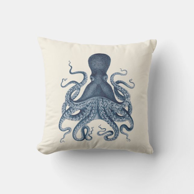 Navy Blue Octopus Illustration on Cream Outdoor Pillow (Front)