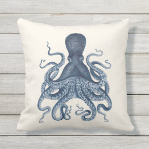 Navy Blue Octopus Illustration on Cream Outdoor Pillow