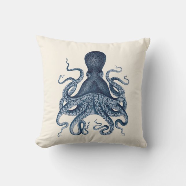 Navy Blue Octopus Illustration on Cream Throw Pillow (Front)
