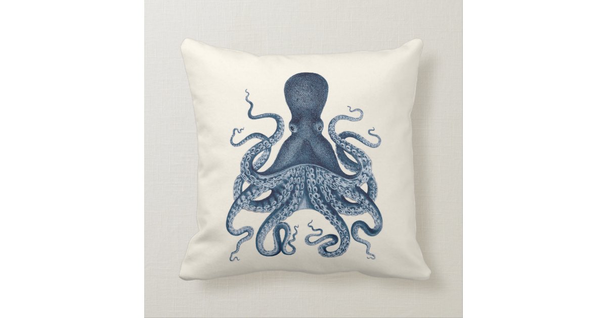 Navy Blue Octopus Illustration on Cream Throw Pillow