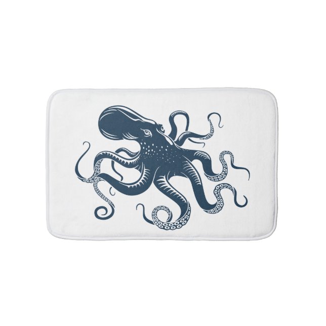 Navy blue octopus nautical illustration bath mat (Front)