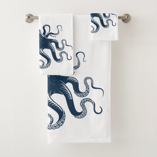 Navy blue octopus nautical illustration bath towel set (Insitu)