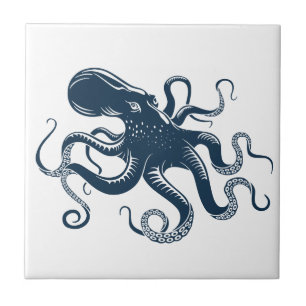 Navy blue octopus nautical illustration ceramic tile