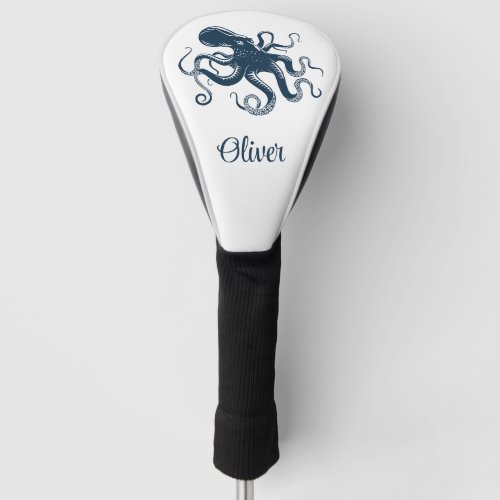 Navy blue octopus nautical illustration golf head cover