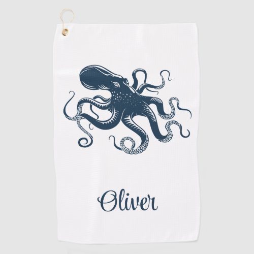 Navy blue octopus nautical illustration golf towel