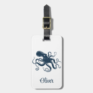 Navy blue octopus nautical illustration luggage tag