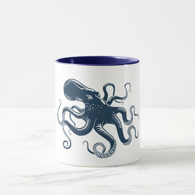 Navy blue octopus nautical illustration mug (Center)