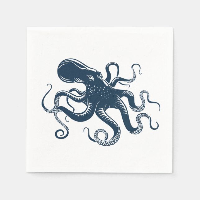 Navy blue octopus nautical illustration napkins (Front)