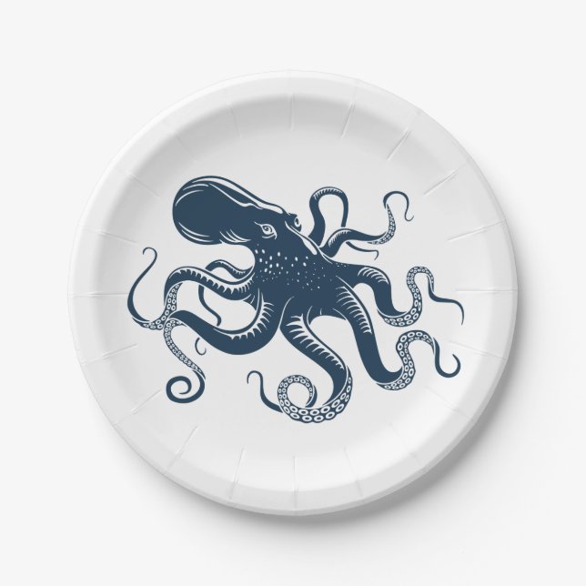 Navy blue octopus nautical illustration paper plates (Front)