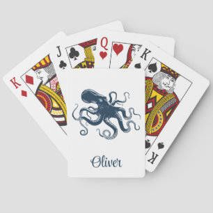 Navy blue octopus nautical illustration poker cards