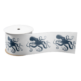 Navy blue octopus nautical illustration satin ribbon
