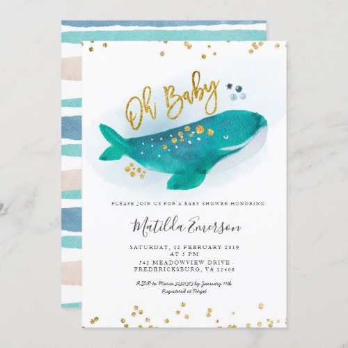 Navy Blue Oh Baby Whale Baby Shower Invitation
