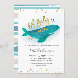 Navy Blue Oh Baby Whale Baby Shower Invitation