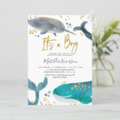 Navy Blue Oh Baby Whale Baby Shower Invitation (Standing Front)