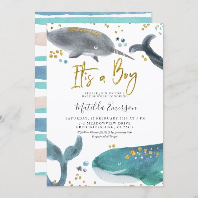 Navy Blue Oh Baby Whale Baby Shower Invitation (Front/Back)