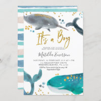 Navy Blue Oh Baby Whale Baby Shower Invitation