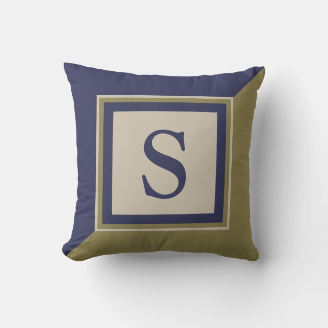 Navy Blue Olive Green Tan Large Monogram Throw Pillow (Front)
