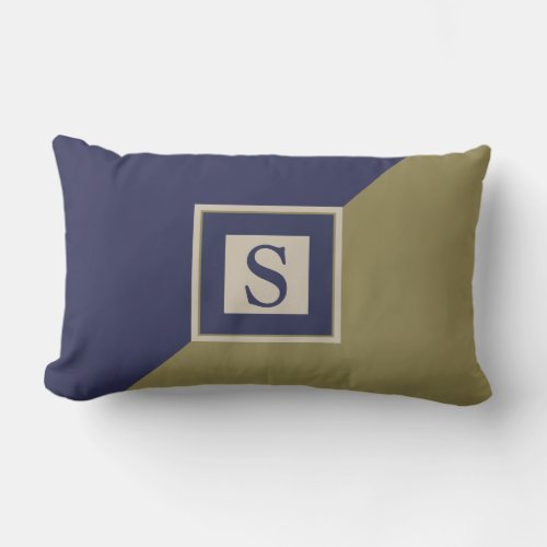 Navy Blue Olive Green Tan Monogram Lumbar Pillow