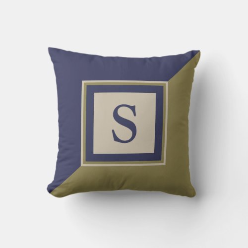 Navy Blue Olive Green Tan Monogram Throw Pillow