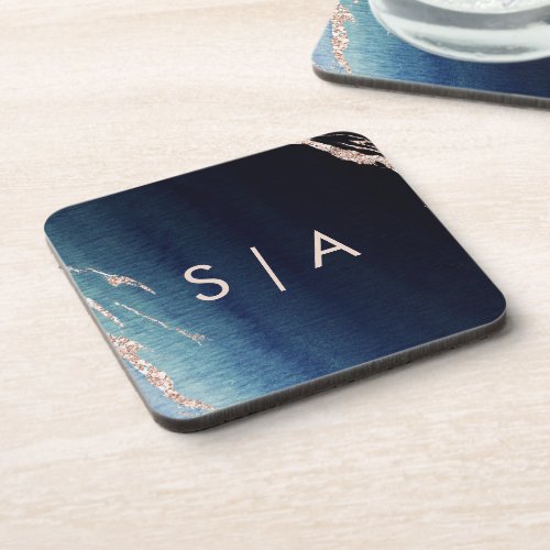 Navy Blue Ombre Agate  Rose Gold Wedding Monogram Drink Coaster