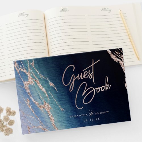 Navy Blue Ombre Agate  Rose Gold Wedding Monogram Guest Book