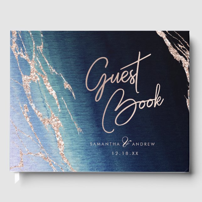 Navy Blue Ombre Agate & Rose Gold Wedding Monogram Guest Book (Front)