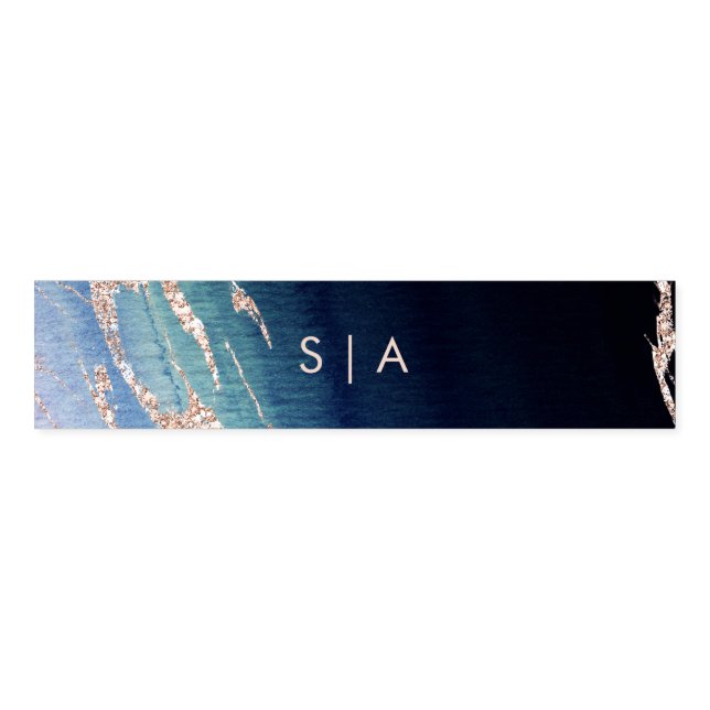 Navy Blue Ombre Agate & Rose Gold Wedding Monogram Napkin Bands (Unfolded)