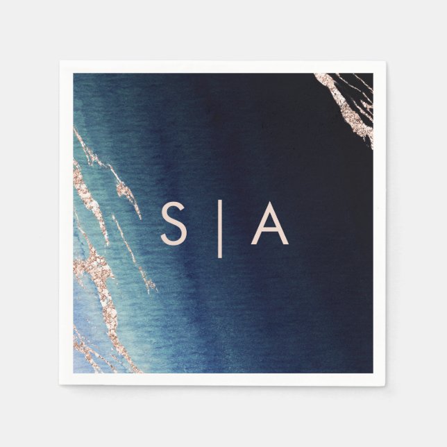 Navy Blue Ombre Agate & Rose Gold Wedding Monogram Paper Napkins (Front)