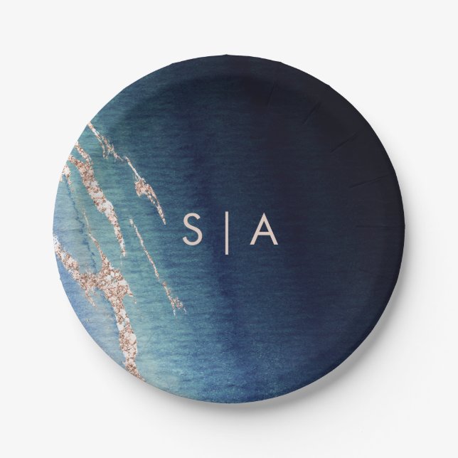Navy Blue Ombre Agate & Rose Gold Wedding Monogram Paper Plates (Front)