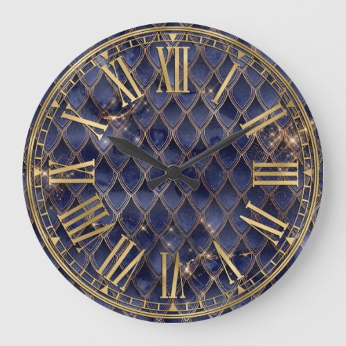 Navy Blue Ombre  Gold Sparkle Dragon Scales Large Clock