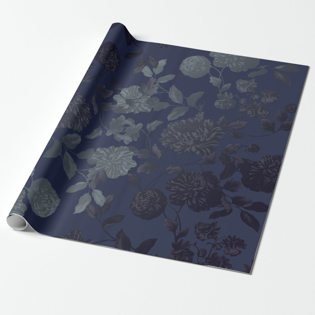 Navy Blue Ombre Modern Vintage Floral Wrapping Paper | Zazzle