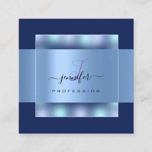 Navy  Blue Ombre Monogram Name Social Rose Square Business Card