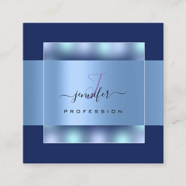 Navy  Blue Ombre Monogram Name Social Rose Square Business Card (Front)