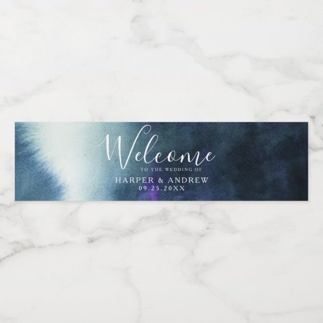 Navy Blue Ombre Wedding Welcome Water Bottle Label (Single Label)