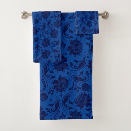 Navy blue on blue vintage damasks bath towel set