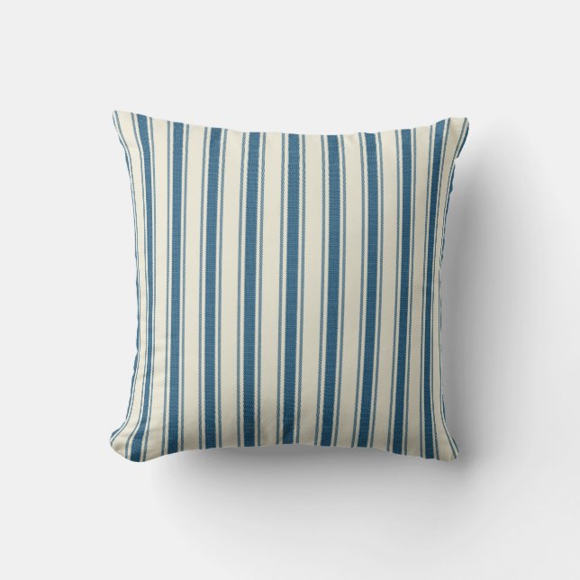 Navy Blue on Ecru Ticking Tape Pillow (Front)