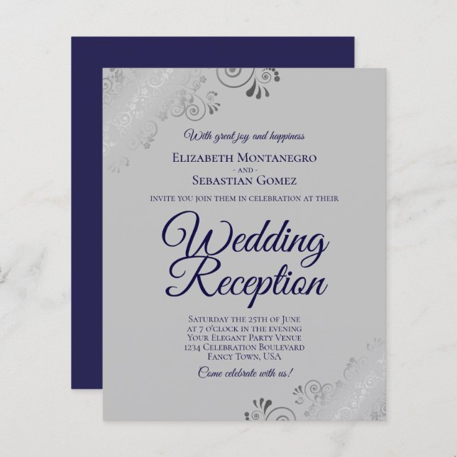 Navy Blue on Gray BUDGET Wedding Reception Invite (Front/Back)
