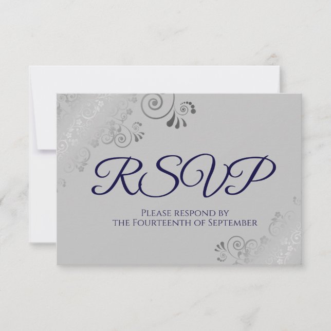 Navy Blue on Gray Elegant Silver Curls Wedding RSVP Card (Front)