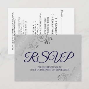 Navy Blue on Gray Elegant Silver Curls Wedding RSVP Card
