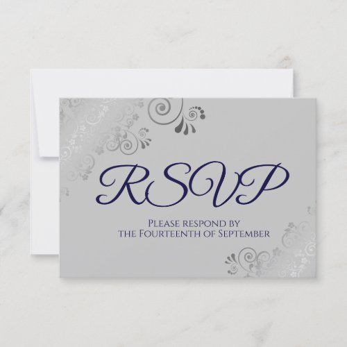 Navy Blue on Gray Elegant Silver Curls Wedding RSVP Card